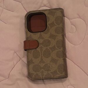 Coach Signature Tan and Brown Phone wallet Case 15 pro iphone big 3 camera